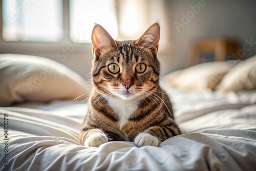 A close-up of a tabby cat lying on a bed in a sunlit room with soft focus background.