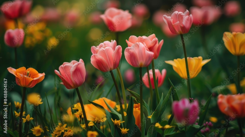 Field of bright pink and yellow tulips in the spring