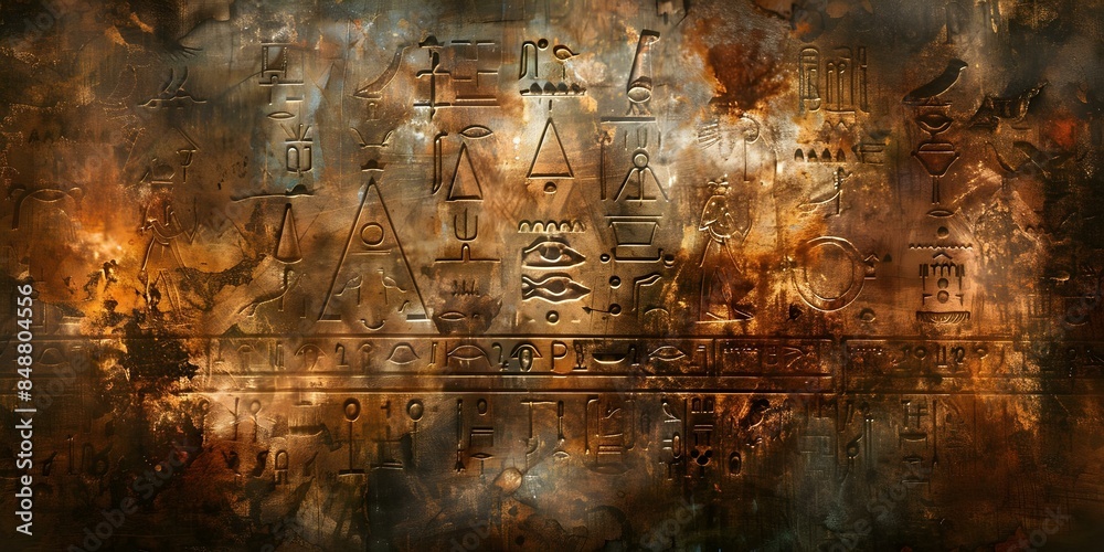 Ancient Egyptian hieroglyphs on damaged wall fresco textured background ...