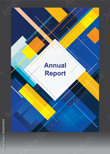 Vector illustration of a geometric annual report cover with blue and yellow accents