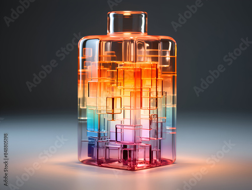 3d of a colorful glass bottle on a dark background.