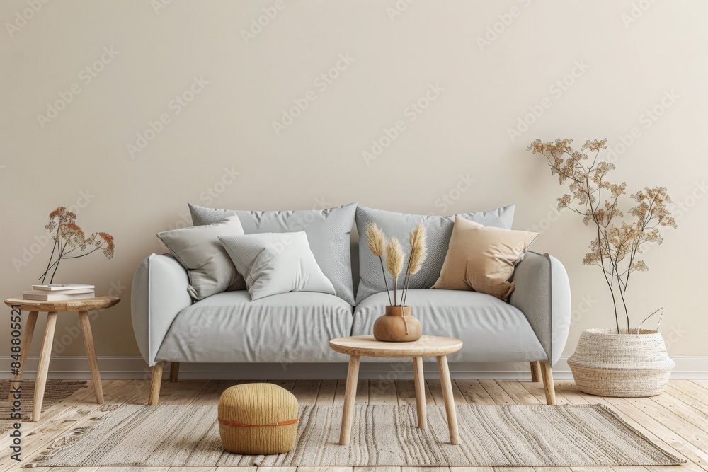 Minimalist peach living room interiors composition with minimal furniture, natural window lighting and ample copy space. Interior design home decor composition. Minimalist peach living room interiors composition with minimal furniture, natural window lighting and ample copy space. Interior design home decor composition.
