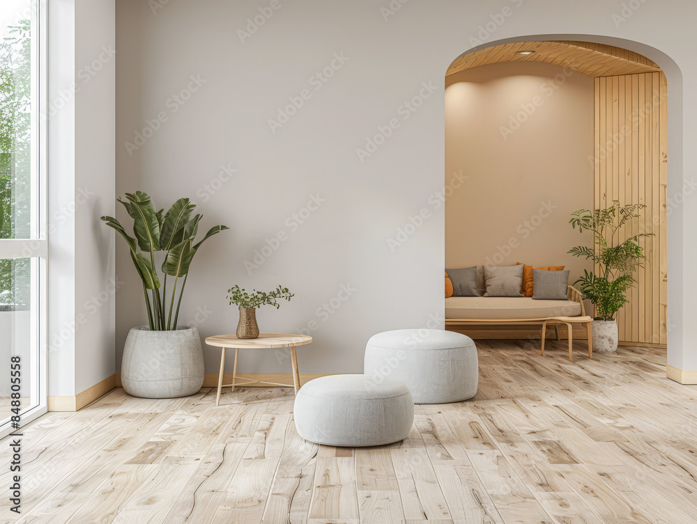 Minimalist peach living room interiors composition with minimal furniture, natural window lighting and ample copy space. Interior design home decor composition. Minimalist peach living room interiors composition with minimal furniture, natural window lighting and ample copy space. Interior design home decor composition.