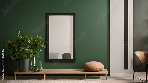 Modern Living Room With Green Wall And Wooden Bench Generative AI