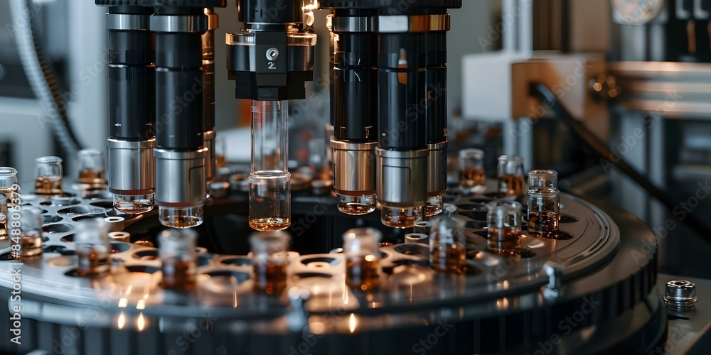 Closeup of automated peptide synthesizer in action showing chemical reactions in columns. Concept Chemical Reactions, Peptide Synthesis, Laboratory Equipment, Close-up Photography, Science Technology Closeup of automated peptide synthesizer in action showing chemical reactions in columns. Concept Chemical Reactions, Peptide Synthesis, Laboratory Equipment, Close-up Photography, Science Technology