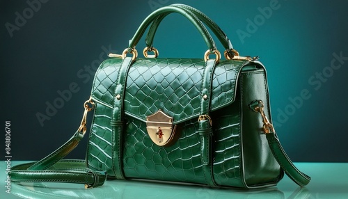 A high-end, emerald green handbag made from crocodile leather with gold hardware, placed on 