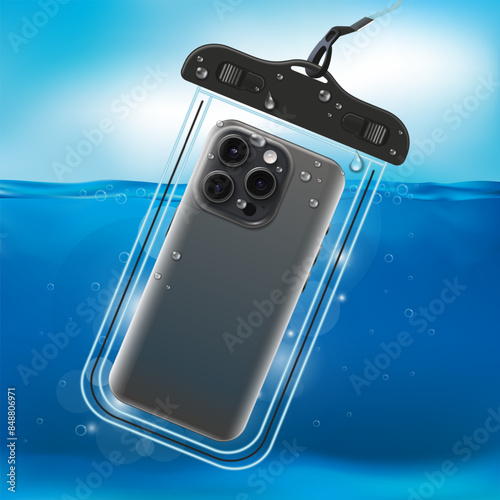 Realistic close-up. Vector graphics. Waterproof case for smartphone for underwater shooting.