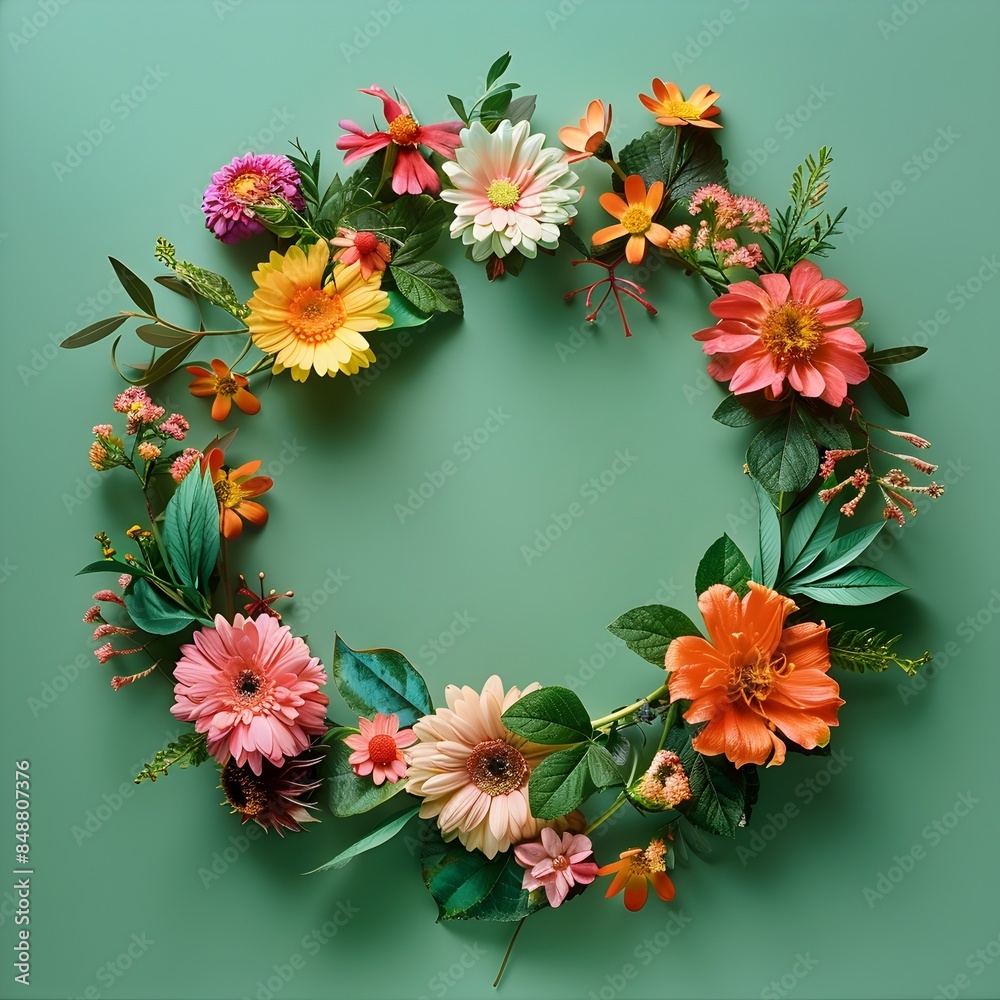 Vibrant Floral Wreath Frame with Lush Flowers and Leaves on Spring Green Background