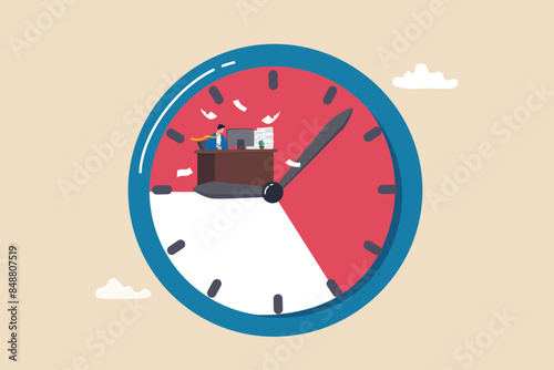 Nine to five or 9-5 job, office work routine by working everyday, bored responsibility for salary paycheck, overworked, burnout or work life balance concept, businessman working in working hour clock.