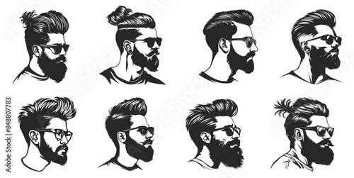 Set of vector icons silhouette of hipster man head with Featuring Various hairstyle fashion and expressions