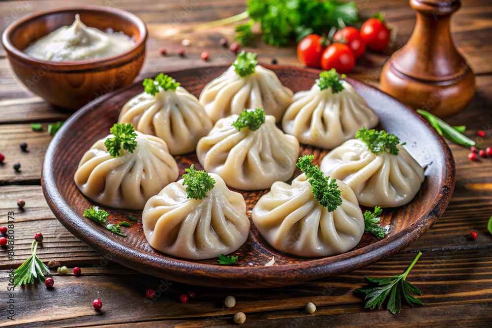 Plate of Khinkali Garnished with Herbs, Served with Sauce, Tomatoes, and Pepper Grinder - Authentic Culinary Presentation Concept. Plate of Khinkali Garnished with Herbs, Served with Sauce, Tomatoes, and Pepper Grinder - Authentic Culinary Presentation Concept.