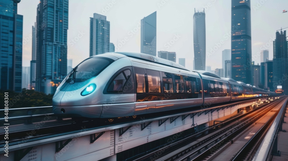 Fototapeta premium A futuristic high-speed train zooming along elevated tracks, with city skyscrapers in the background