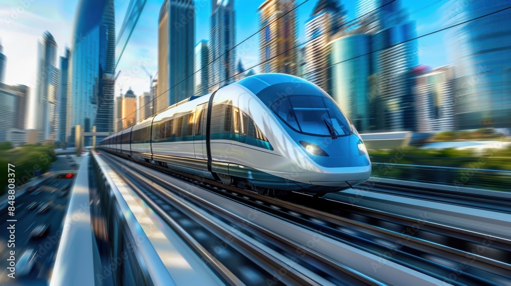 A futuristic high-speed train zooming along elevated tracks, with city skyscrapers in the background A futuristic high-speed train zooming along elevated tracks, with city skyscrapers in the background