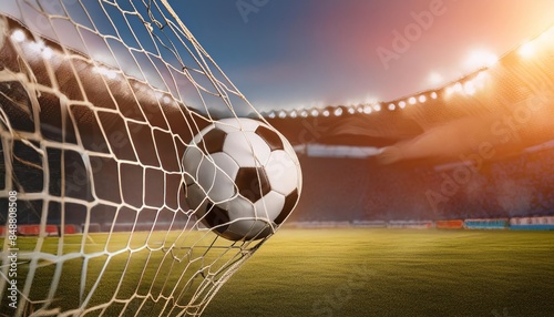 Soccer ball flies into the goal with stadium lights illuminating the background
