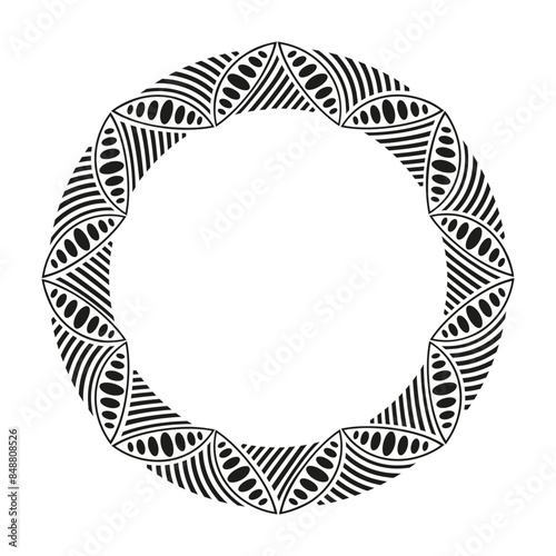 Vector decorative round frame. Abstract vector geometric round ornament isolated on white background. Ornamental circle. Vector monochrome illustration. Ethnic round ornament.