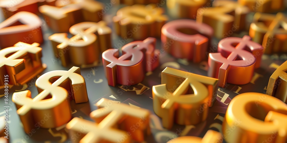 Design a convincingly realistic 3D illustration highlighting financial symbols. Employ detailed and accurate depictions of iconic financial representations, using realistic perspectives and colors