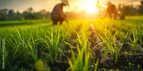 Farmers planting rice in a lush green field under the sun. Concept Agriculture, Farming, Rice Cultivation, Green Field, Sunlight