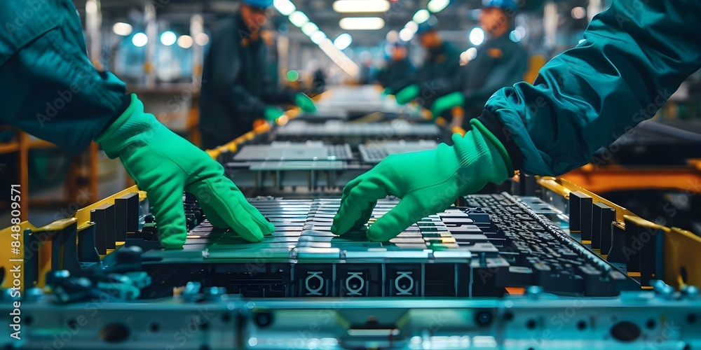 Engineers in green gloves dismantle electric vehicle battery in factory