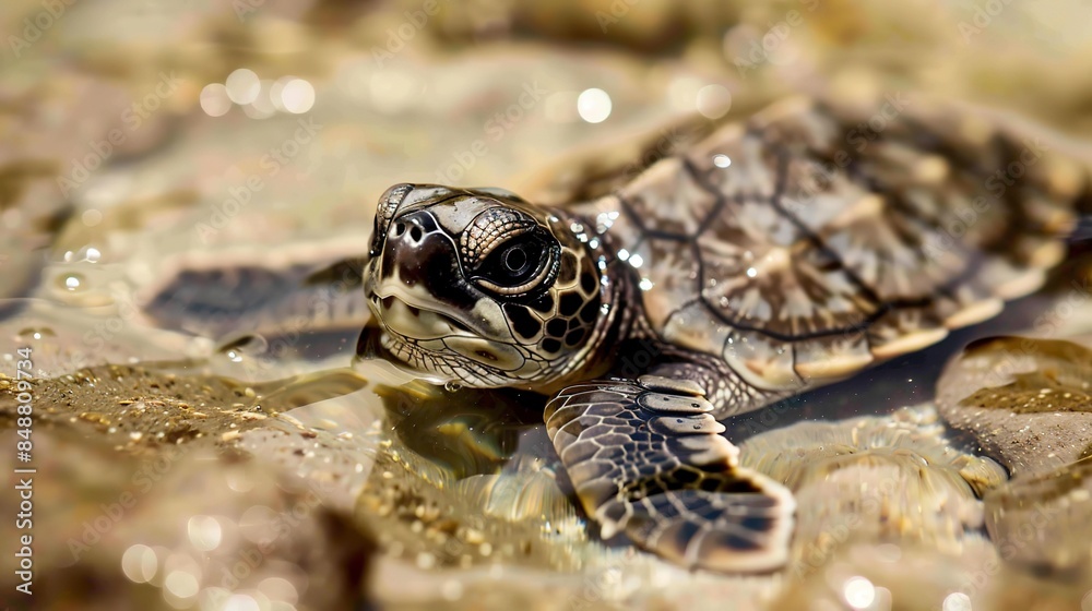 Close-up of a baby sea turtle, tiny scales and bright eyes, making its first swim in shallow waters. Close-up of a baby sea turtle, tiny scales and bright eyes, making its first swim in shallow waters.