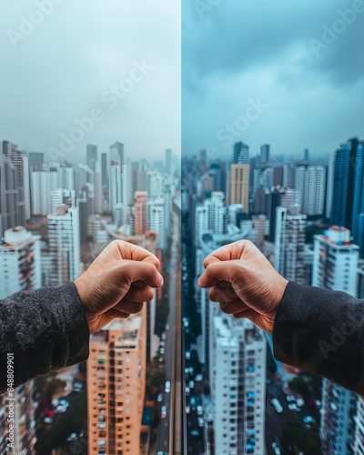 Dramatic contrast of a cloudy and clear cityscape with mirrored reflection and fists, representing duality, contrast, and urban life. © sorrakrit