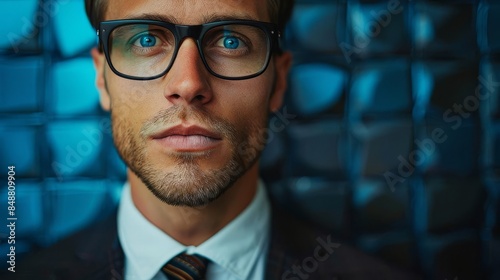 Close-up portrait of a confident businessman in glasses against a modern blue textured wall, exuding professionalism and determination.