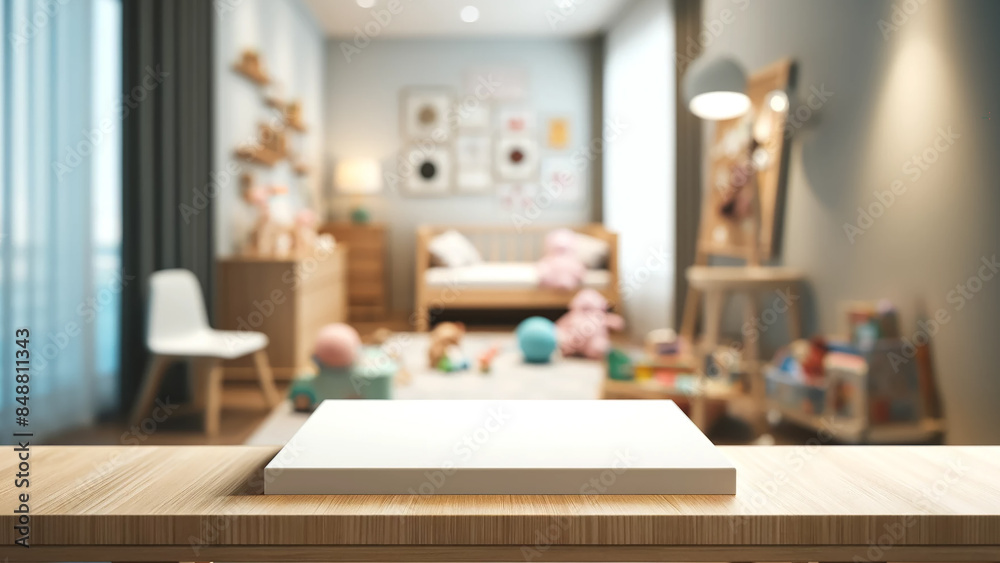 an empty wooden table top with a blurred kindergarten playroom background. an empty wooden table top with a blurred kindergarten playroom background.