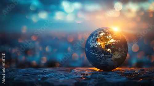 A globe representing planet Earth sits on a rock with a sunset backdrop. The image evokes a sense of hope and the beauty of our planet.