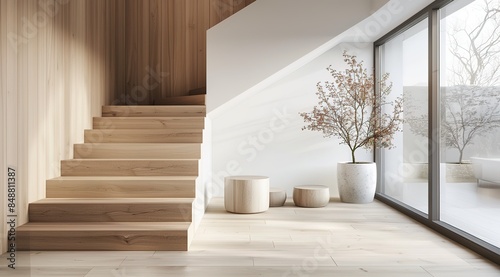 Bright and airy modern entrance hall featuring wooden stairs and natural wood wall panels. The open feel is enhanced by white walls and minimal design, with a small plant or artwork adding character. © rui