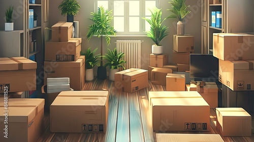A living room filled with cardboard boxes, signifying a move or a new beginning. Sunbeams illuminate the space, suggesting a fresh start. © Atchariya63