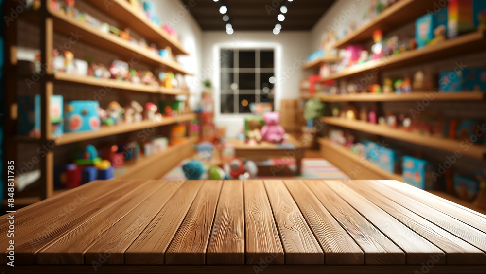 an empty wooden table top with a blurred kindergarten playroom background.