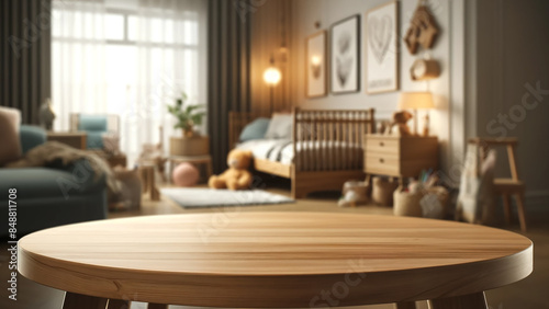 an empty wooden table top with a blurred kindergarten playroom background.