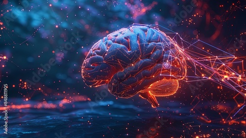 A futuristic visualization of the human brain connected to digital elements and neural networks, symbolizing the fusion of human intelligence and AI. Generative AI