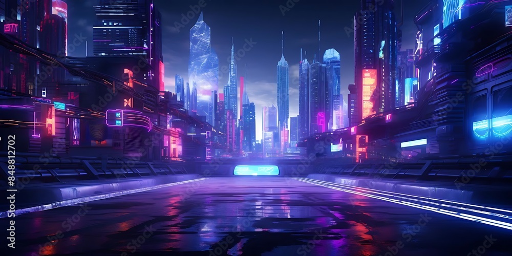 a futuristic cityscape featuring a tall building and a blue building against a dark sky, with a white line marking the edge of the city a futuristic cityscape featuring a tall building and a blue building against a dark sky, with a white line marking the edge of the city
