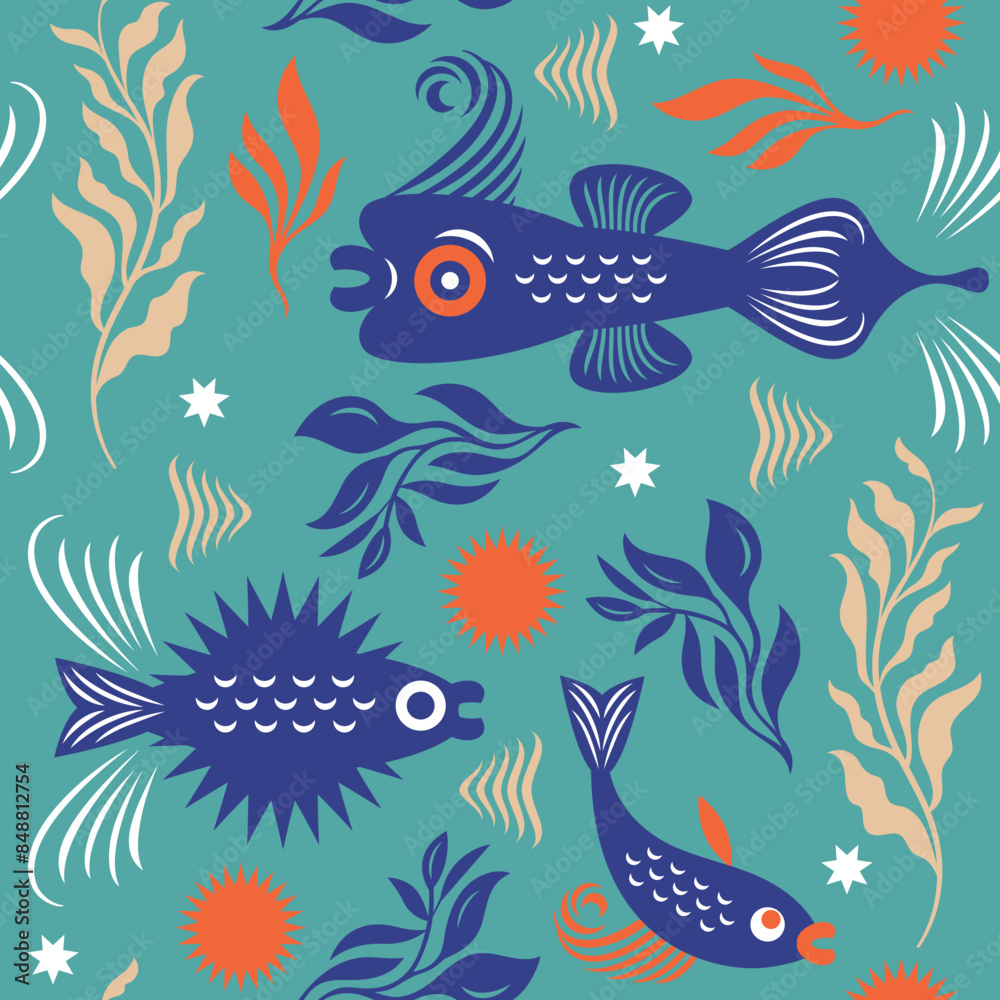 Fototapeta premium Seamless pattern with abstract fishes