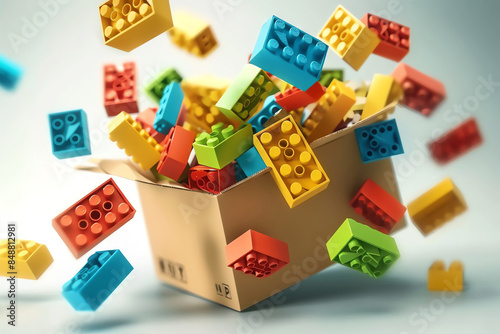 Colorful plastic blocks spilling out of a cardboard box.