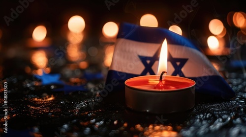 Burning candle and flag of Israel on black table, Holocaust memory day , War of Israel and Palestine, Generative AI