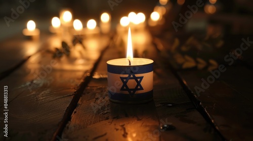Burning candle and flag of Israel on black table, Holocaust memory day , War of Israel and Palestine, Generative AI
