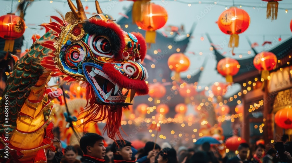 Naklejka premium A group of people celebrating the Chinese New Year with lanterns and dragon dances