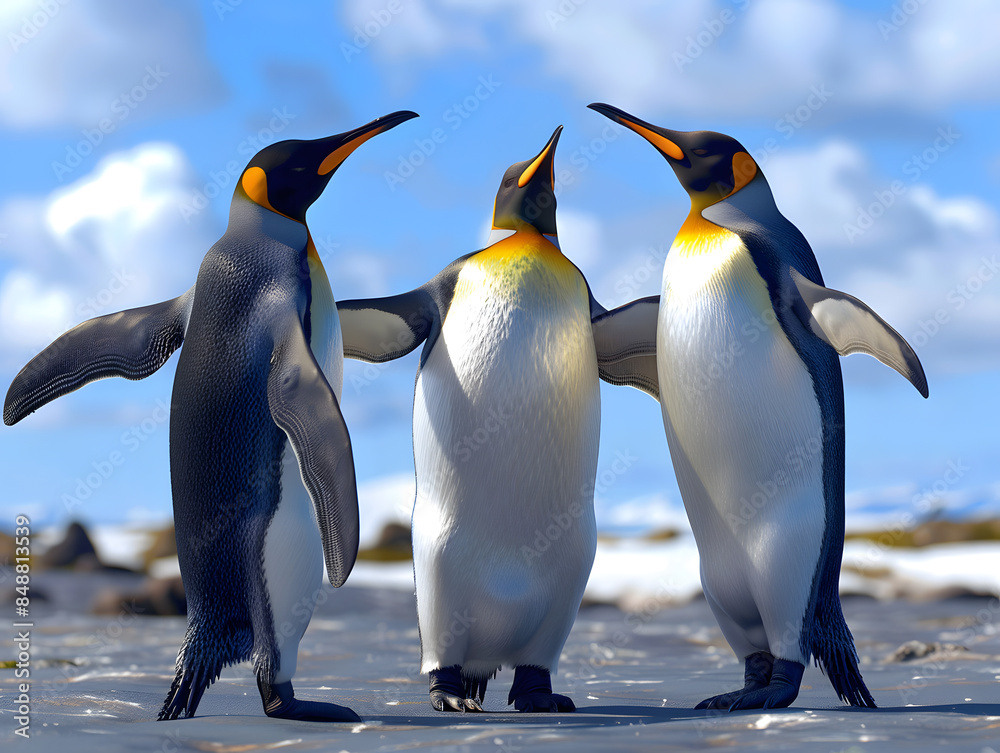 Obraz premium A close up view of three penguins standing with spreading wings