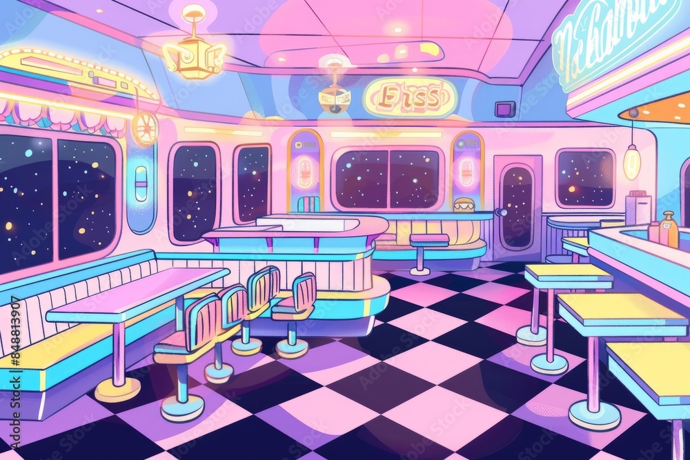 Cartoon cute doodles of a retro diner with neon signs and checkered floors, Generative AI 