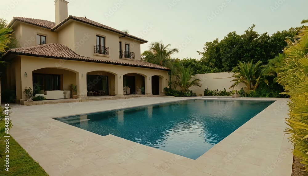 Night view of beautiful villa on island Luxury house with swimming pool at night Luxury house with swimming pool at night