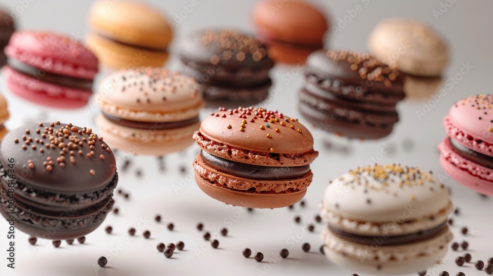 Various Colorful of Macarons Floating on the Air on White background Various Colorful of Macarons Floating on the Air on White background