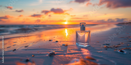 Romantic Sunset with Perfume Bottle on Seaside