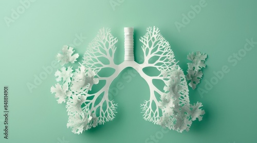 x ray image of lungs,White paper cut art style human lungs shape on light green background. Top view. Respiratory health, pulmonary function, health diagnostic concept