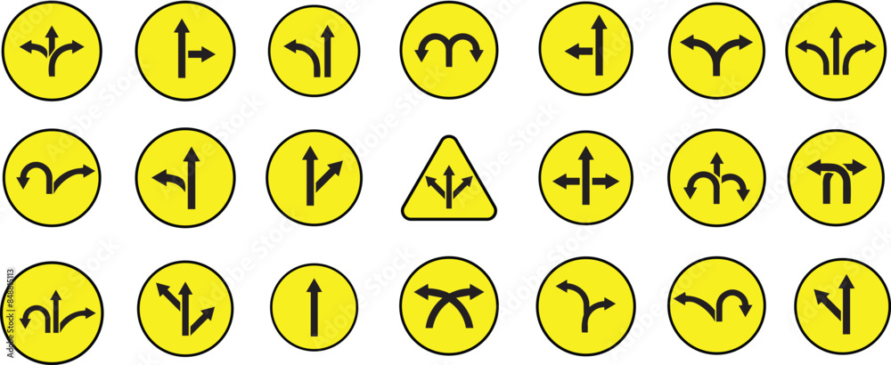 set yellow split y road turn left right right arrow traffic warning caution sign icon. exclamation, hazard sign symbol logo design for web mobile isolated white background illustration. set yellow split y road turn left right right arrow traffic warning caution sign icon. exclamation, hazard sign symbol logo design for web mobile isolated white background illustration.
