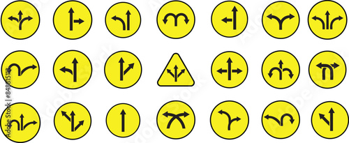 set yellow split y road turn left right right arrow traffic warning caution sign icon. exclamation, hazard sign symbol logo design for web mobile isolated white background illustration.