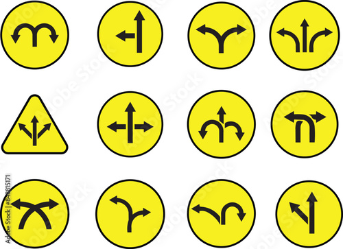 set yellow split y road turn left right right arrow traffic warning caution sign icon. exclamation, hazard sign symbol logo design for web mobile isolated white background illustration.