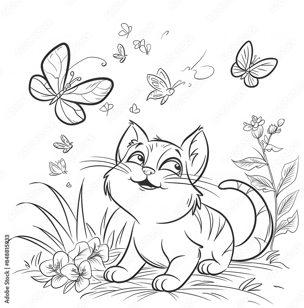 Cute cat playing with butterflies in the garden, coloring page for kids Cute cat playing with butterflies in the garden, coloring page for kids