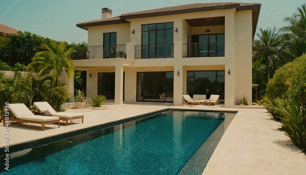 Fototapeta premium Patio area and swimming pool of modern home