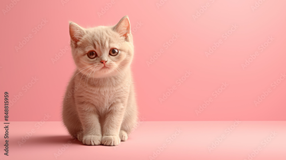 A small white kitten is sitting on a pink surface